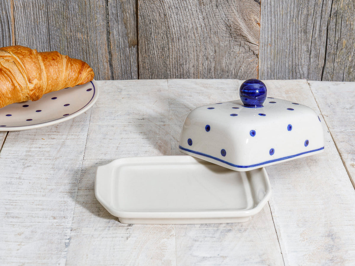 Butterglocke eckig Keramik weiß blau
