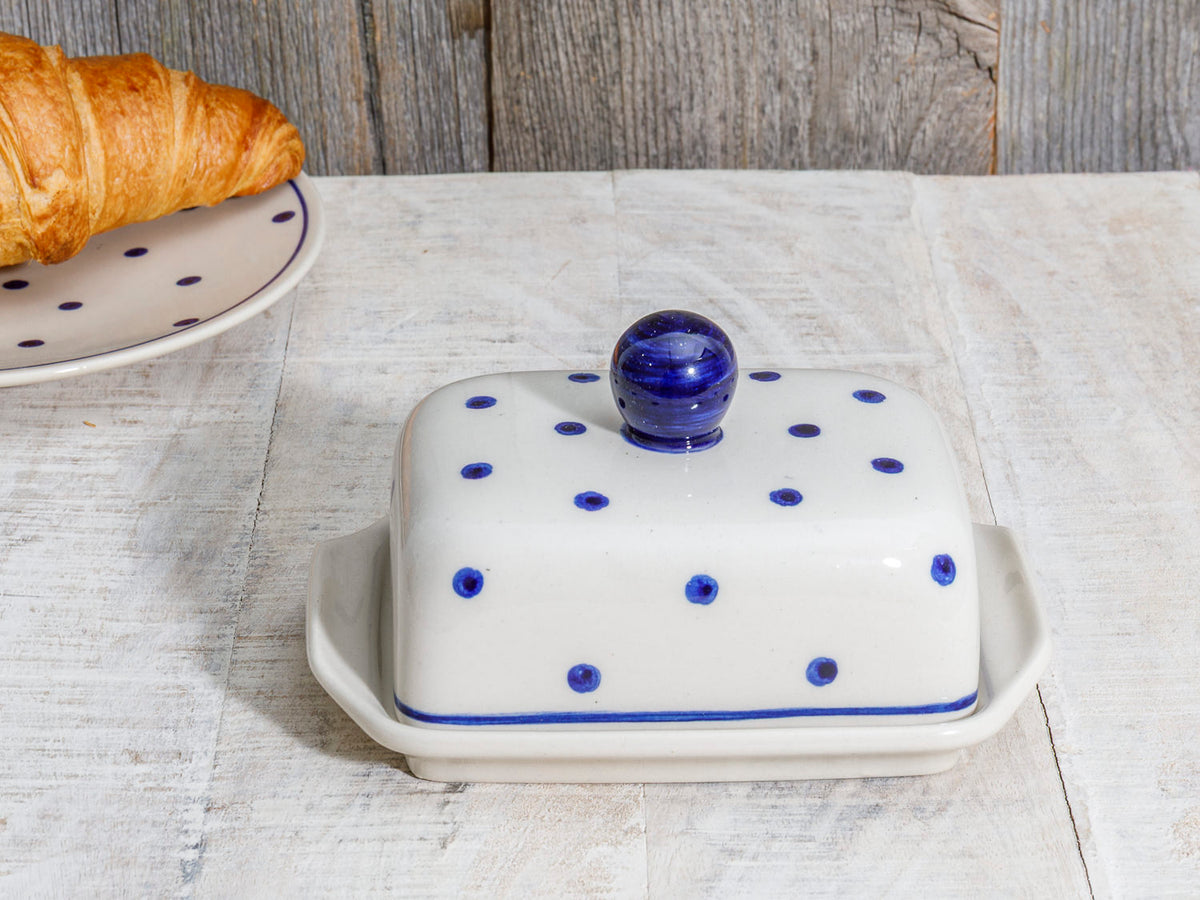 Butterglocke eckig Keramik weiß blau