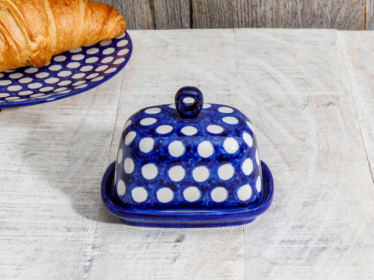 Kräuterbutterglocke Keramik blau weiße Punkte