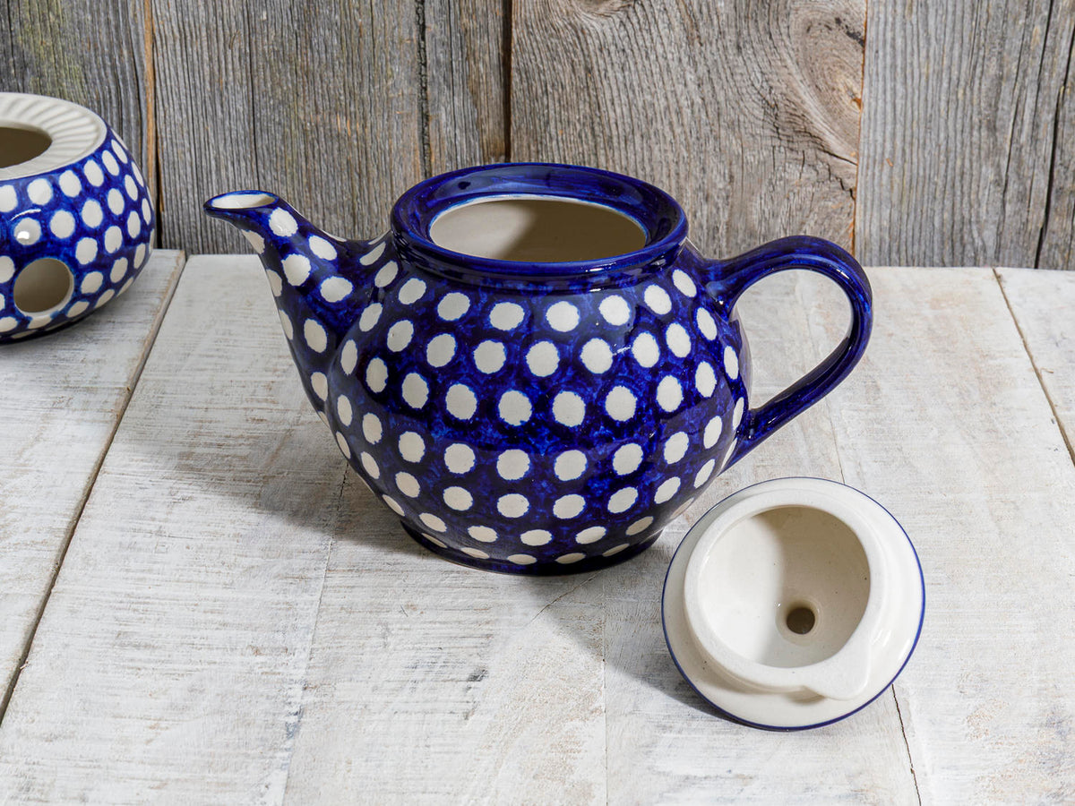 Teekanne Kaffeekanne 1l Keramik blau weiße Punkte