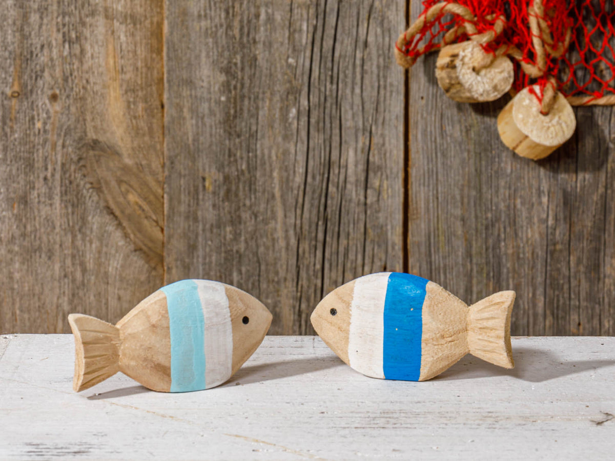Kleine Dekofische blau Holz gestreift