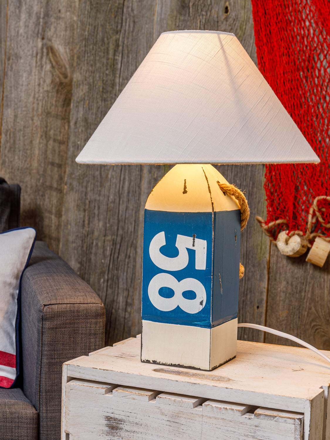 Tischlampe Holzboje 58 weiß blau