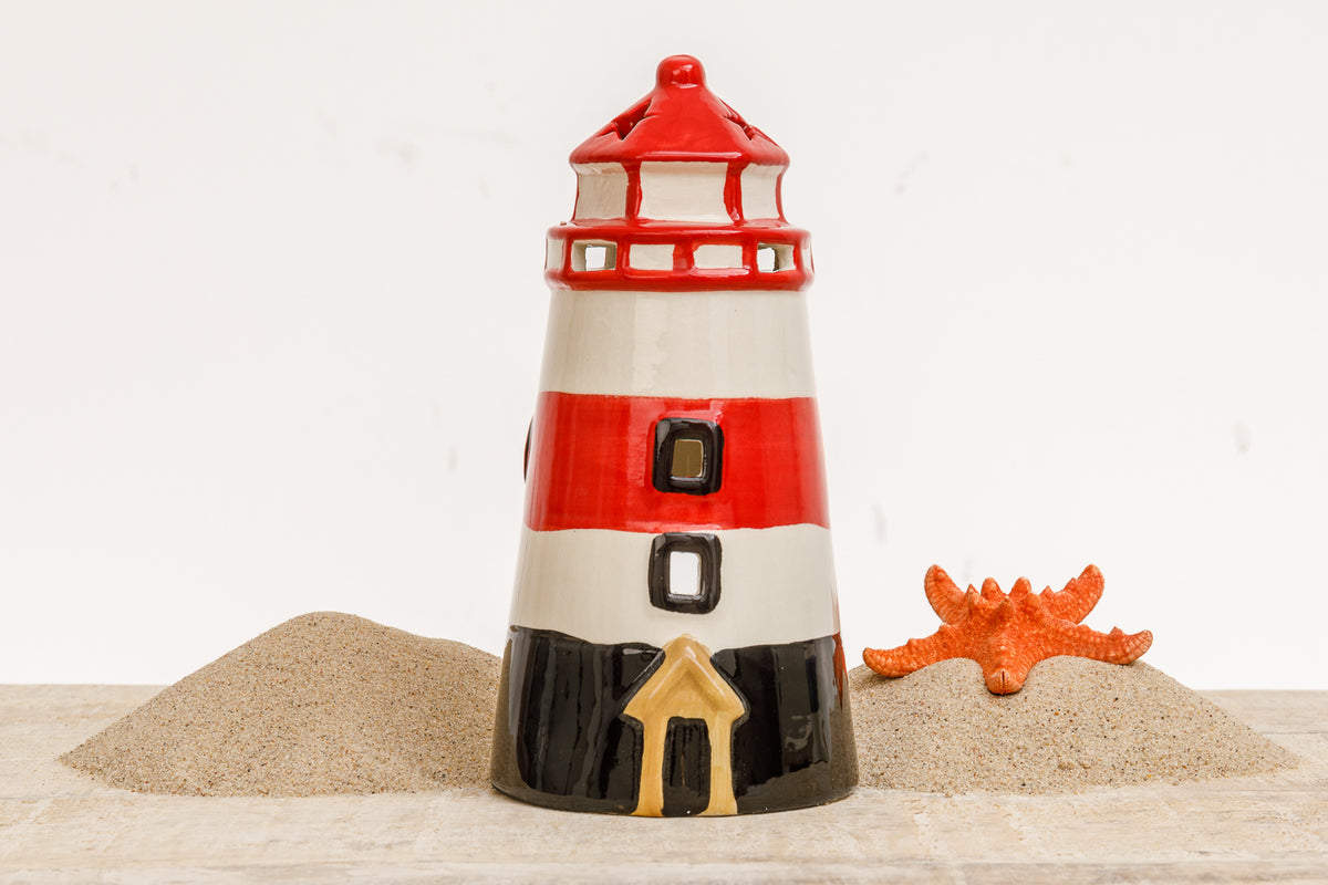 Leuchtturm Windlicht Keramik rot klein