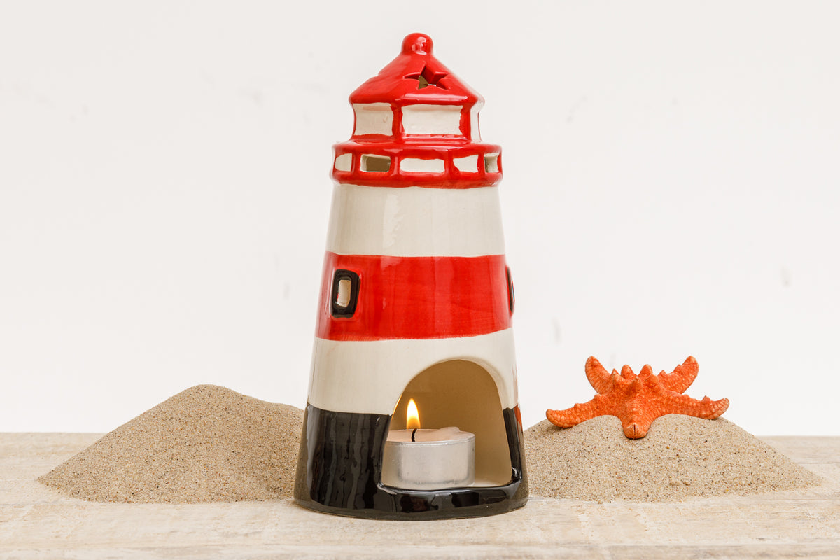 Leuchtturm Windlicht Keramik rot klein