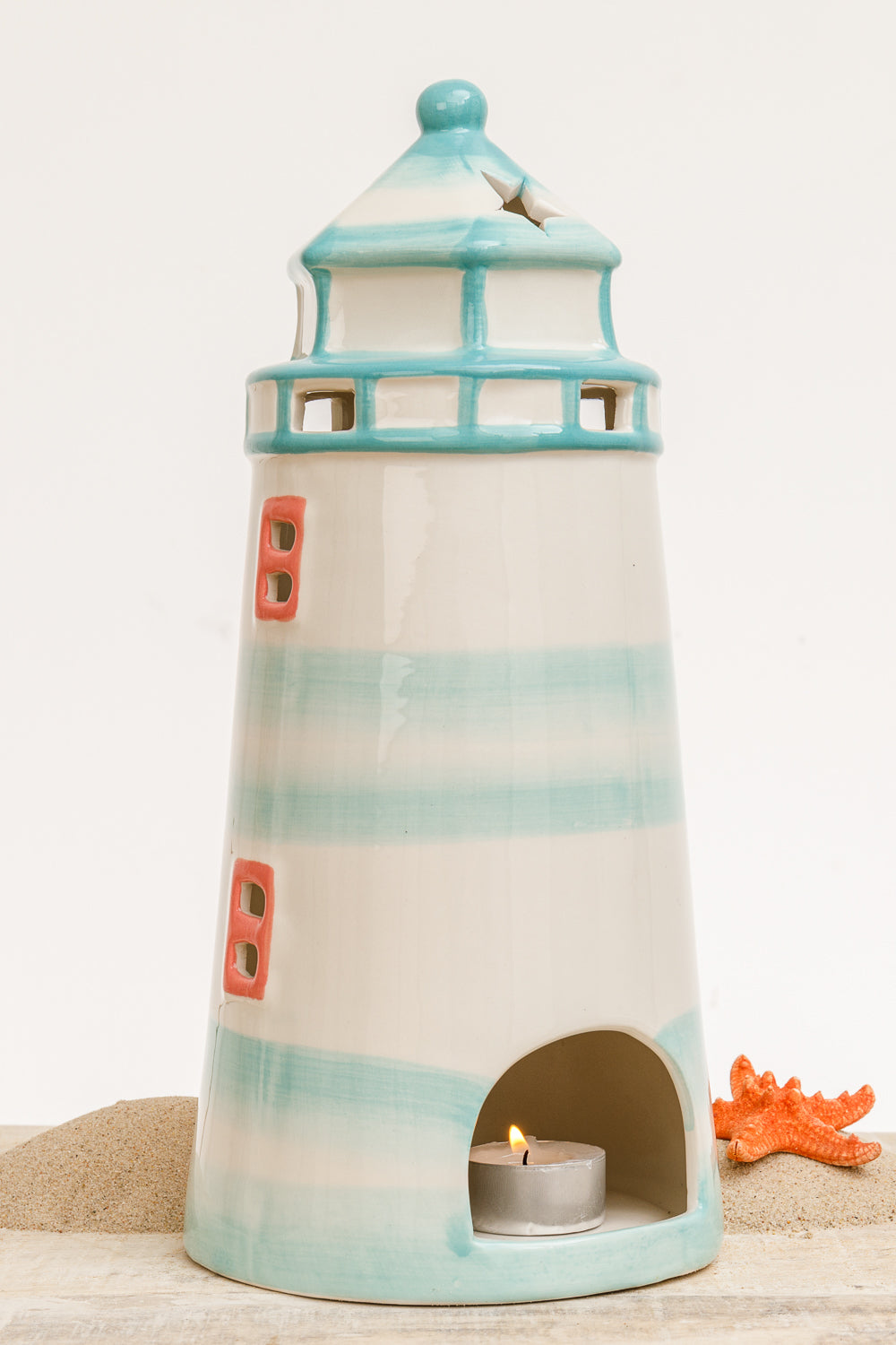 Keramik Windlicht Leuchtturm mint