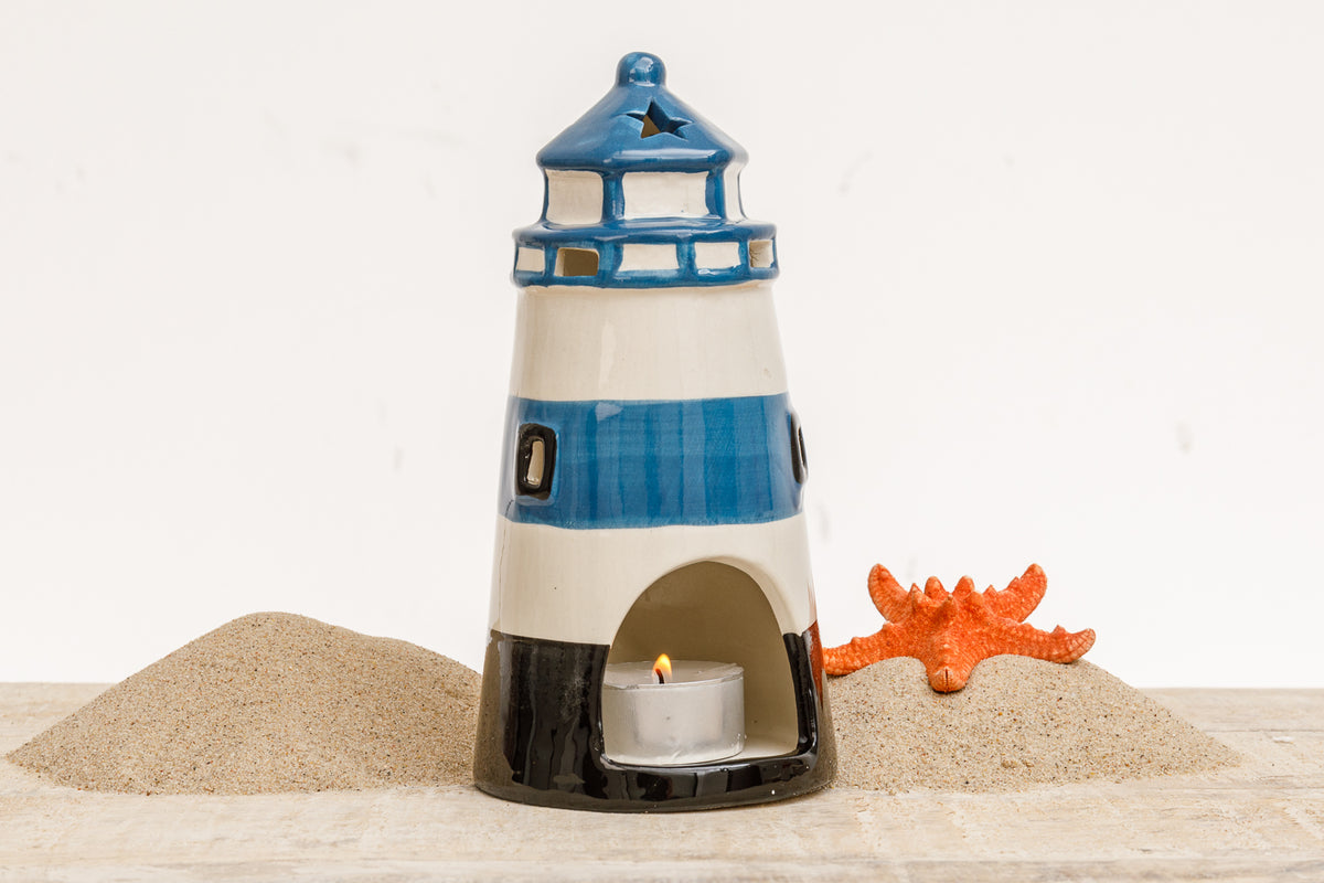 Blaues Windlicht Keramik Leuchtturm