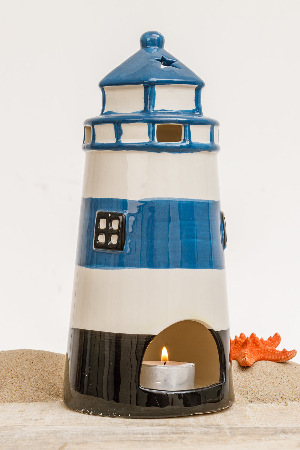Leuchtturm Keramik Windlicht blau