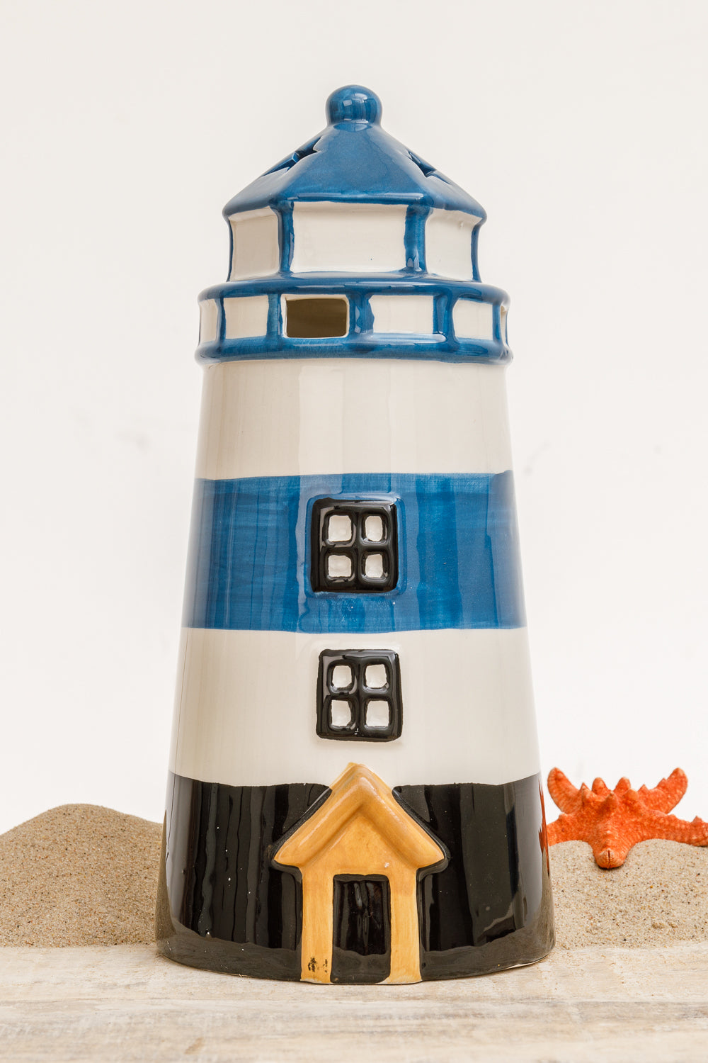 Leuchtturm Keramik Windlicht blau