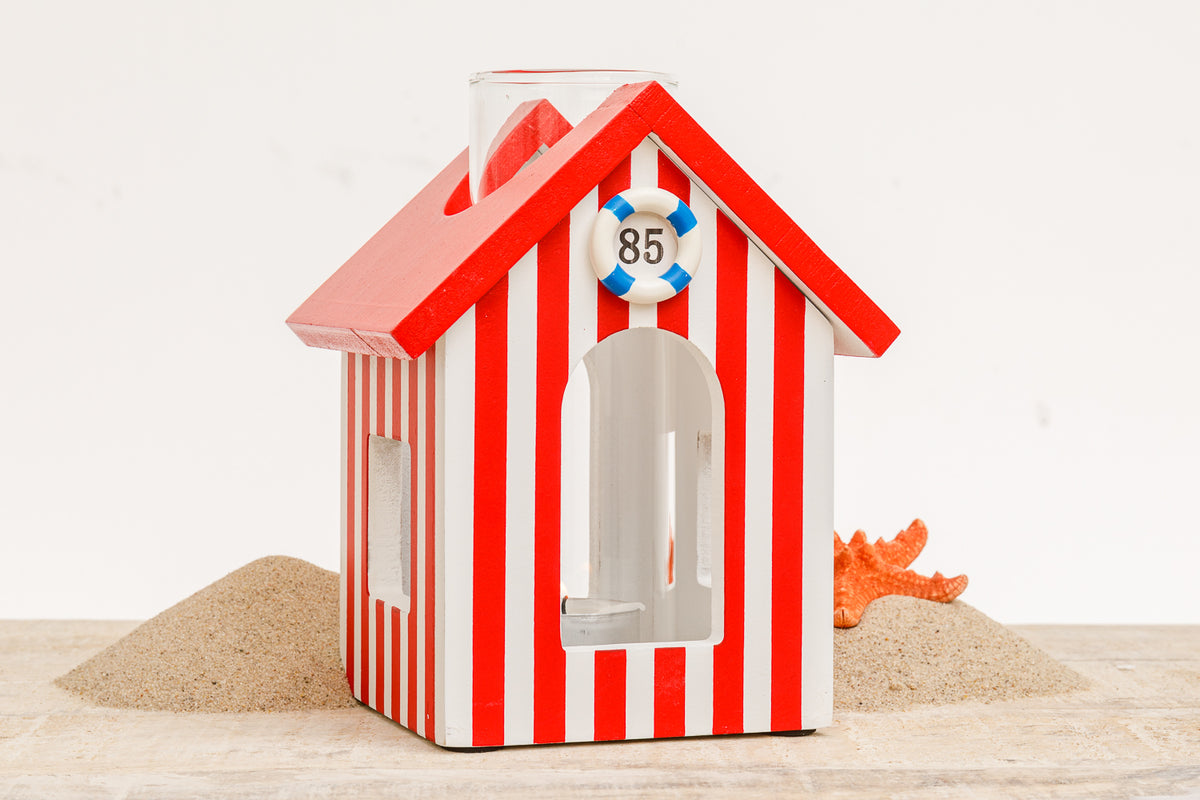 Windlicht Strandhaus rot weiß gestreift