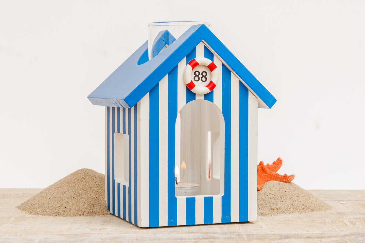 Windlicht Strandhaus blau weiß gestreift