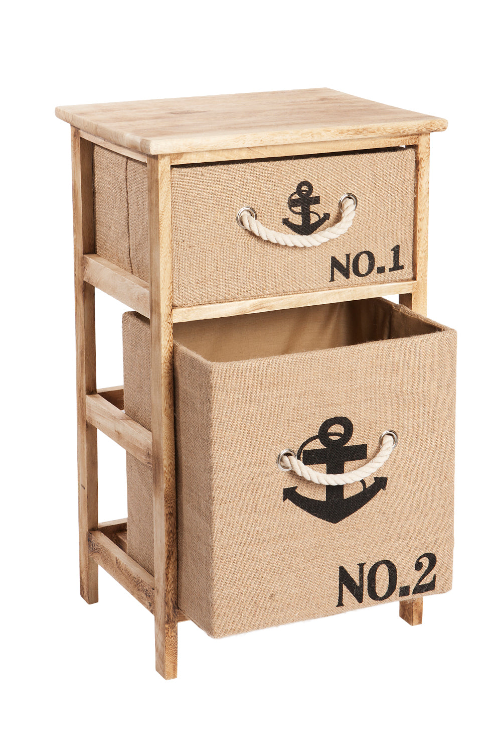 Holzregal mit zwei beigefarbenen Stoffschubladen, bedruckt mit Ankern und "NO. 1", "NO. 2", ausgestattet mit Seilgriffen.