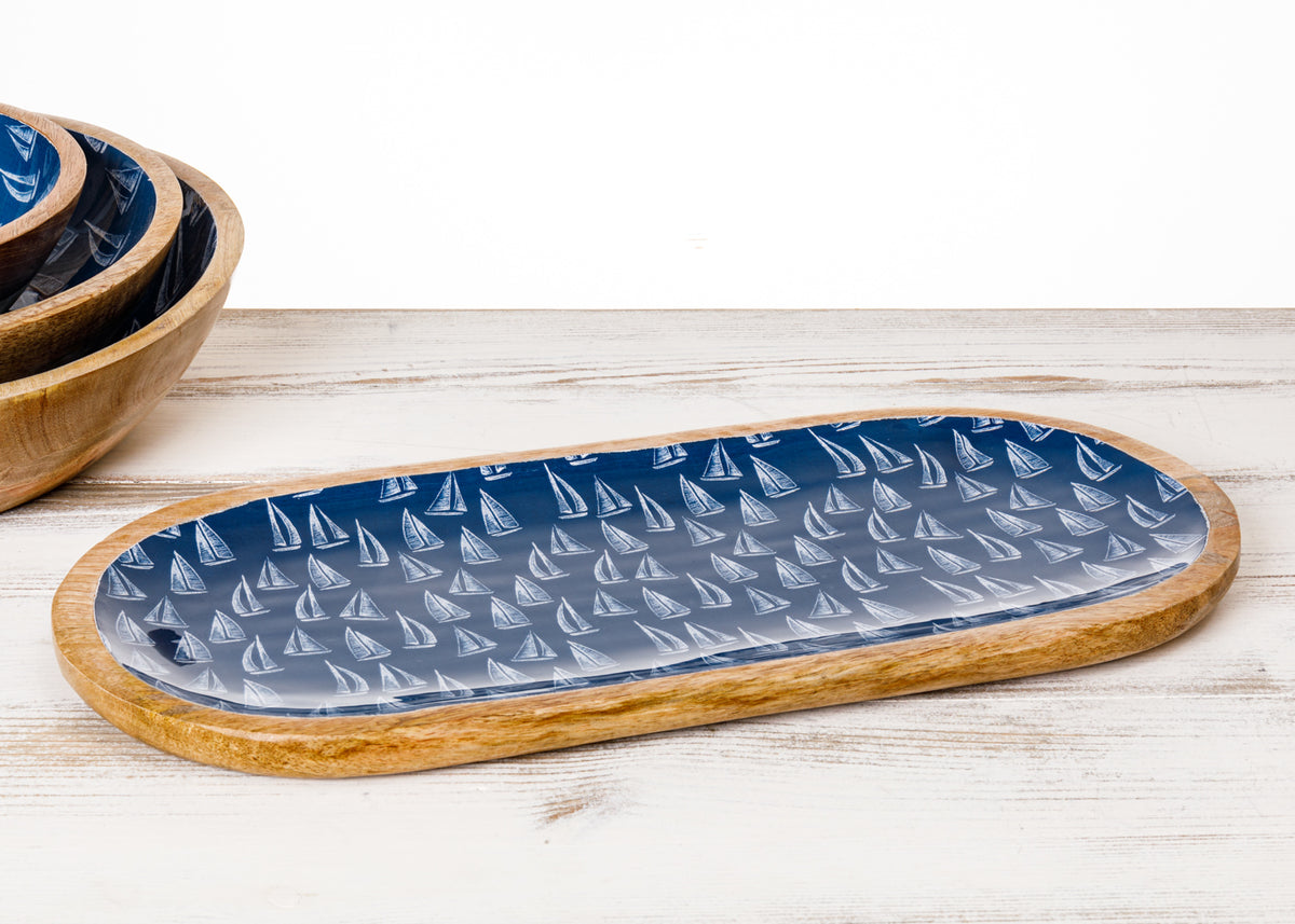 Mangoholz Vorlagenteller Segelboot blau