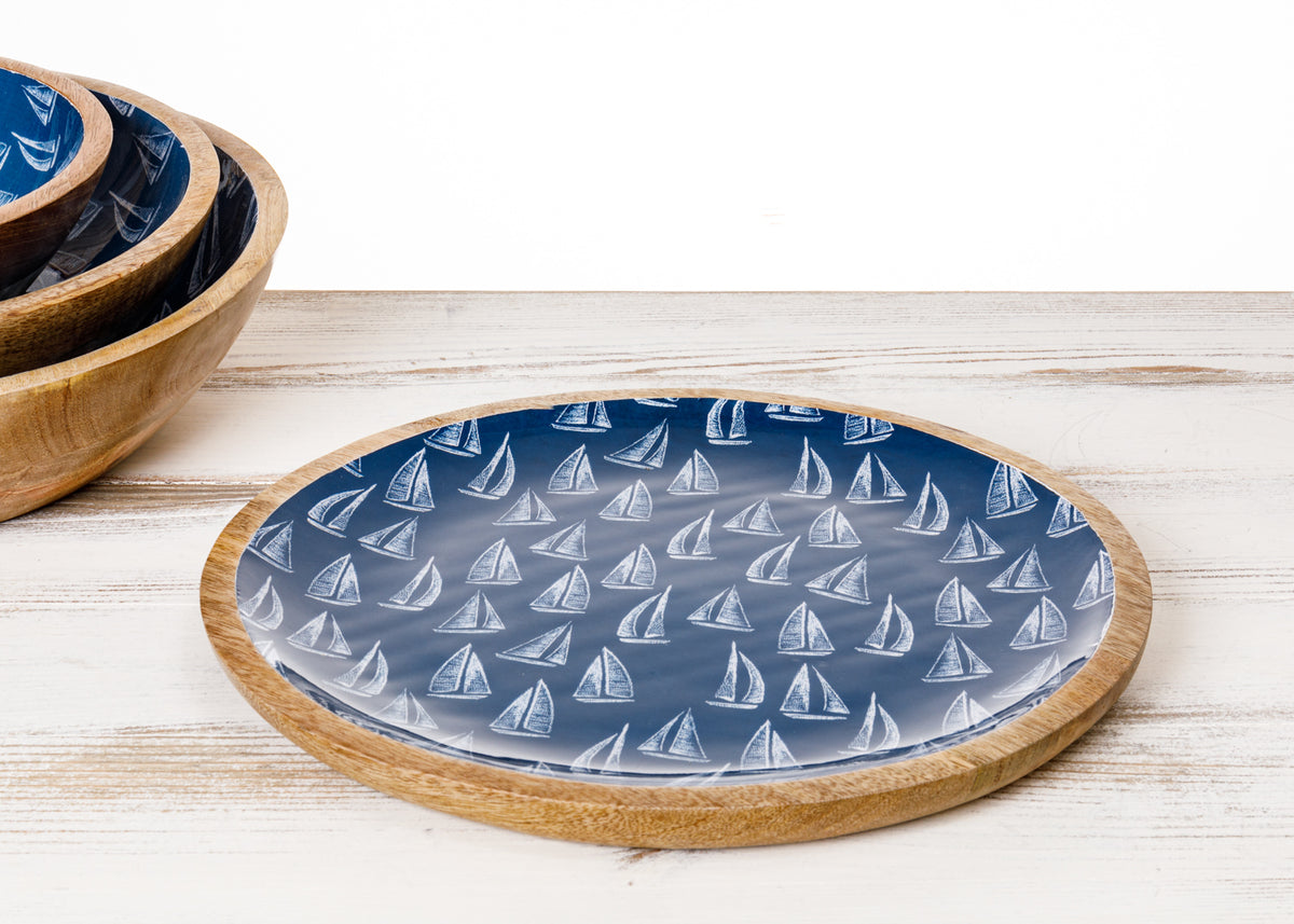 Teller Mangoholz Segelboot blau