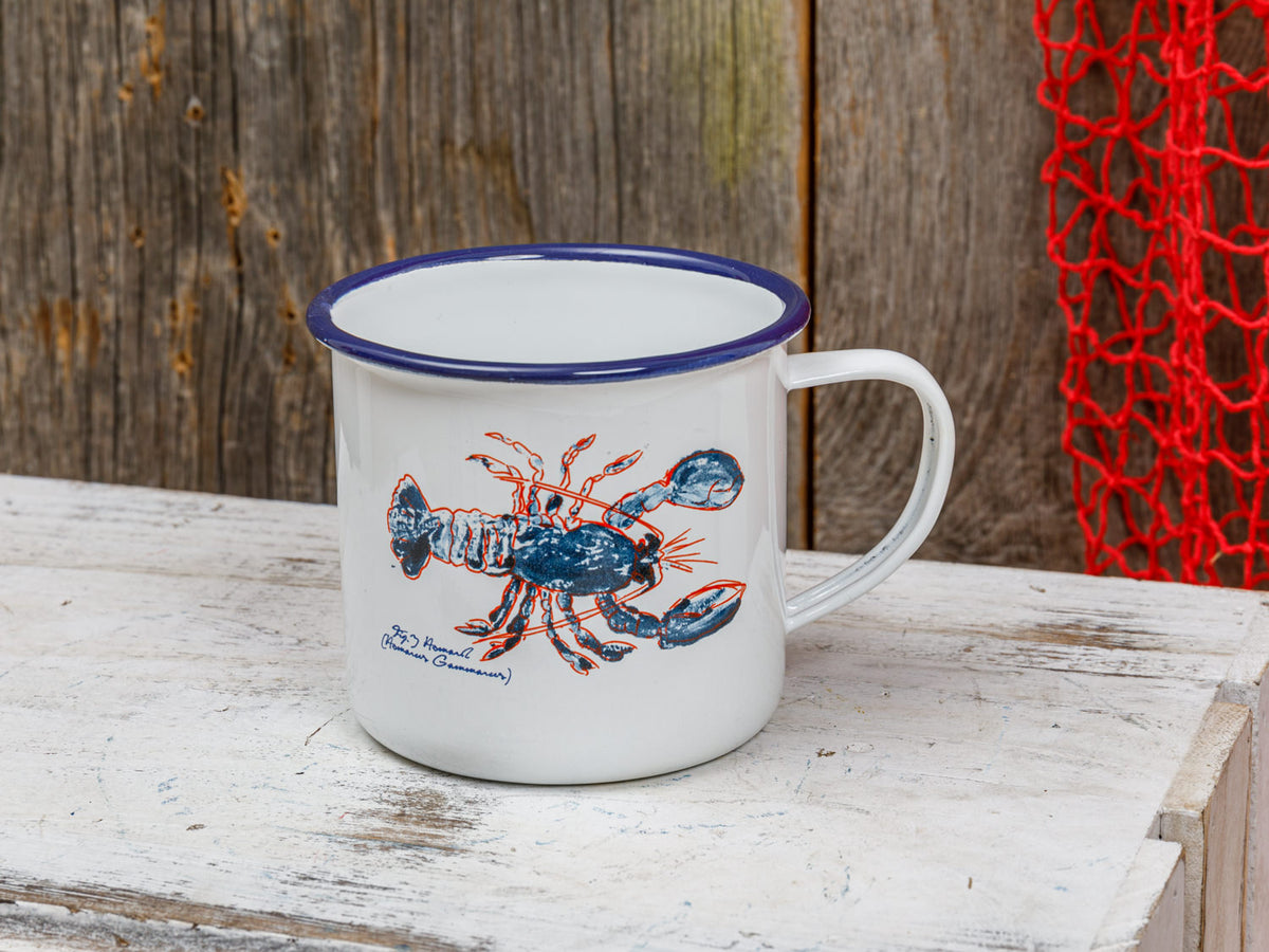 Becher Emaille weiß blau Hummer