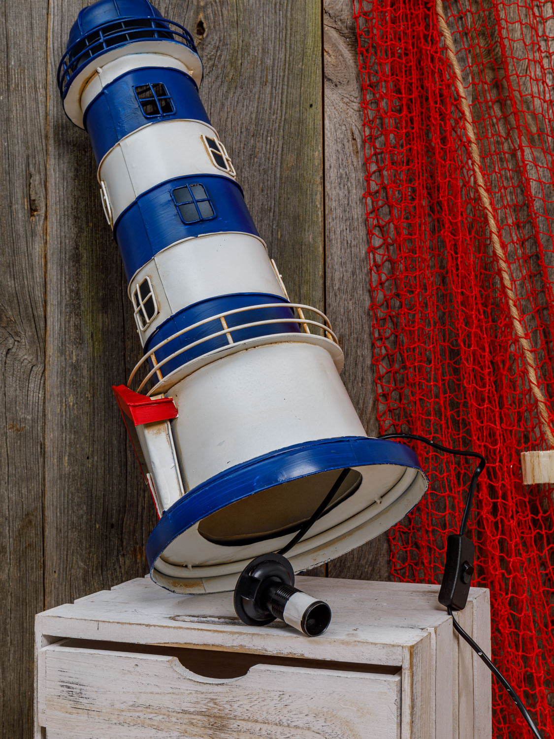 Leuchtturm rund blau weiß Lampe