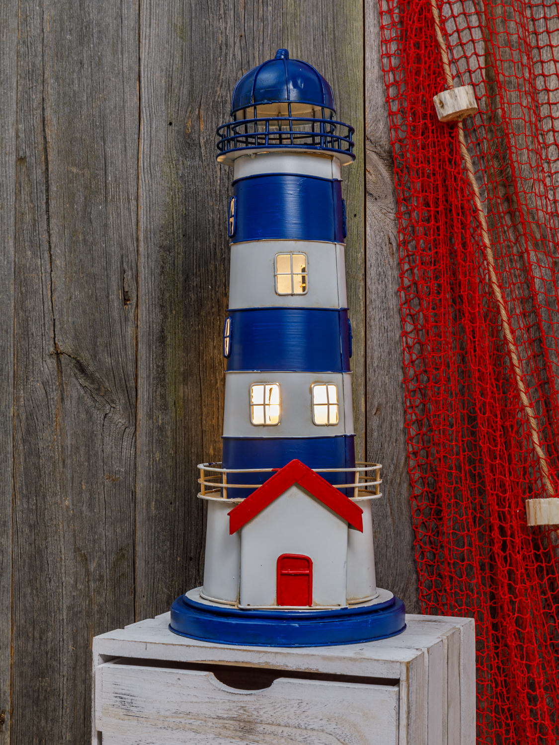 Leuchtturm rund blau weiß Lampe