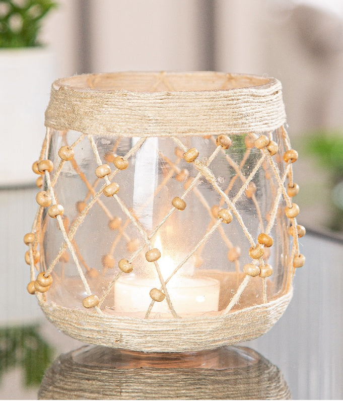 Windlicht Glas mit Perlen