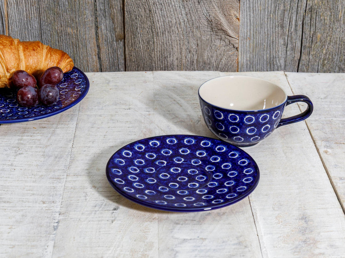 Blaue Keramik Kaffeetasse mit Untertasse Bunzlauer