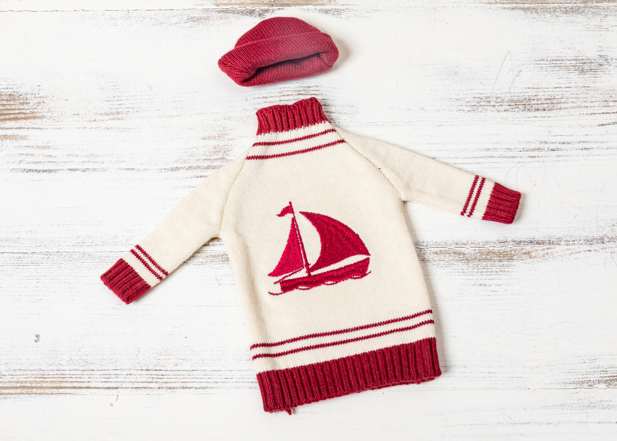Flaschenpullover Mütze rot Segelschiff